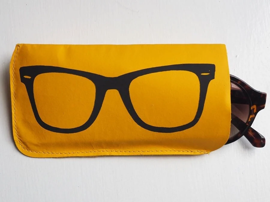Yellow Leather Sunglasses Case With Glasses Print, Handmade