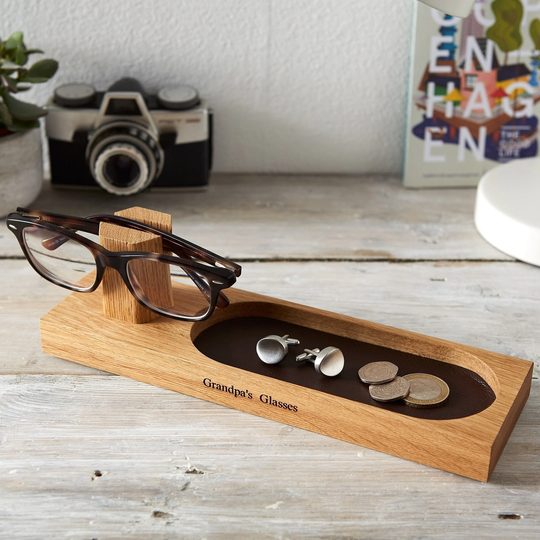 Glasses Stand With Leather Lined Tray/Gifts For Grandparents 5Th Wooden Anniversary Storage Personalised Desk Tidy