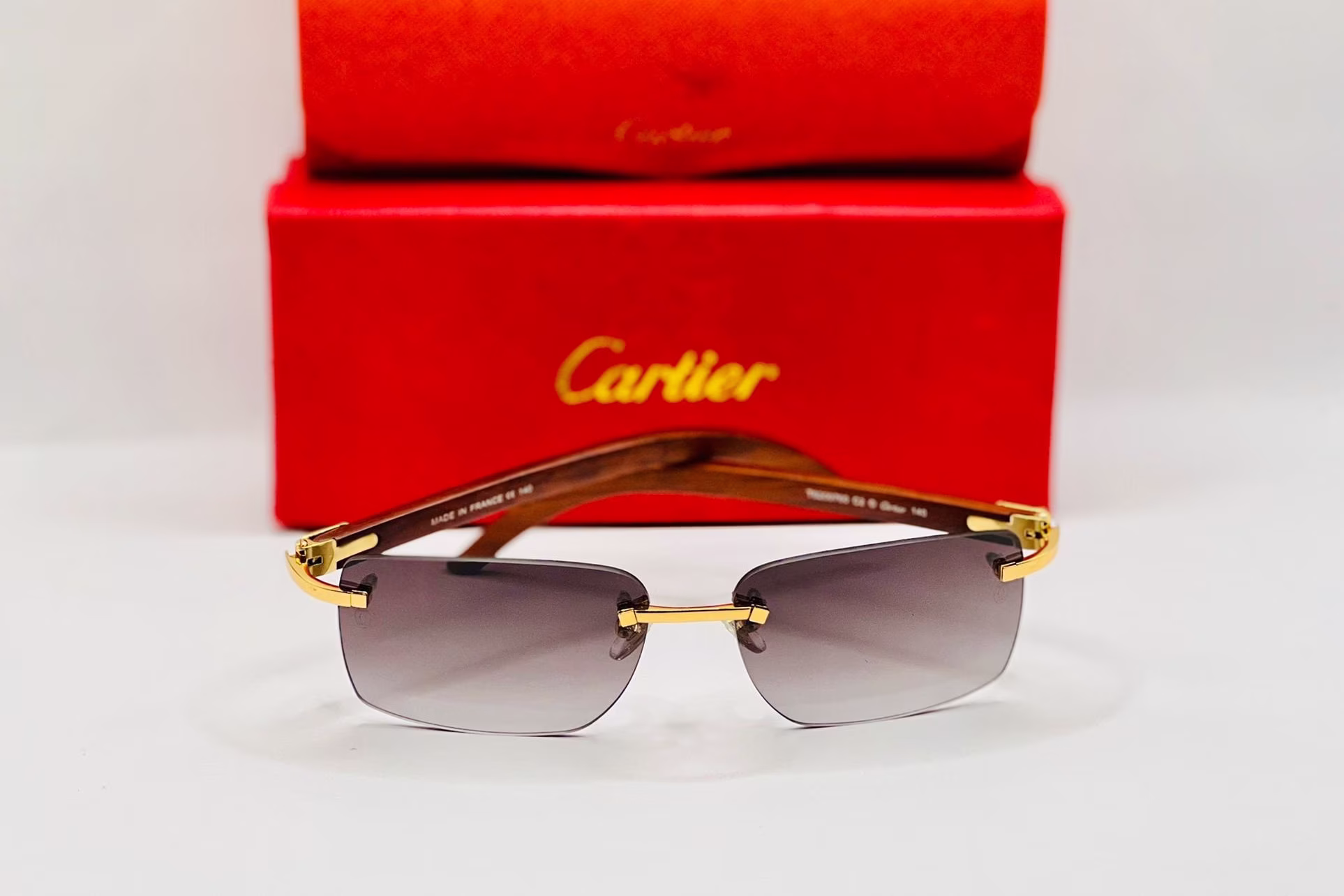 Cartier Buff Spider Glasses, Wood Temples Gold Rimless Frame Grey Lens Wooden Eyewear, Gift For Him, Christmas
