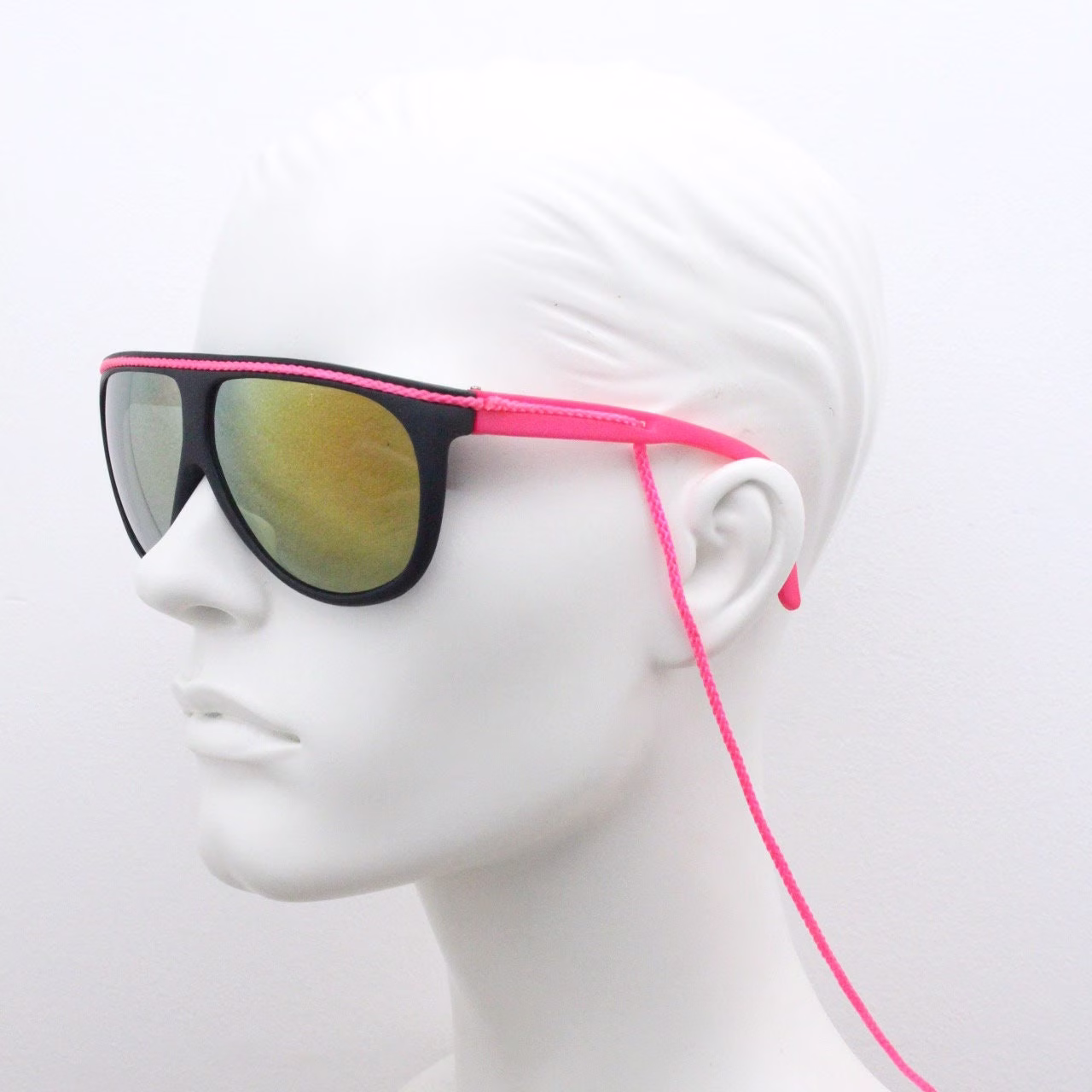 80S Vintage Sports Visor Sunglasses. Era Defining Pink Dayglo Arms & Integral String Holder With Gold Burst Mirror Lenses. Unused Nos