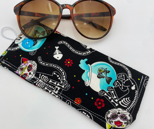 Fabric Eyeglass Case, Soft Sunglass Eye Glasses Sleeve, Pouch - Sugar Skulls Kitty