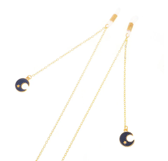 Golden Eyeglasses Chain/Black Moon & Star Pendant Handmade Metal