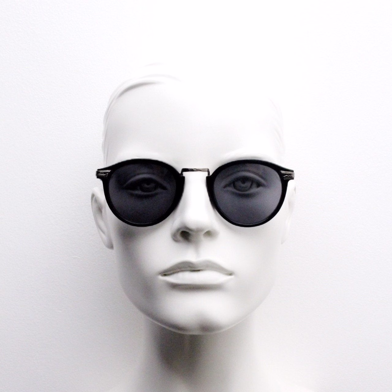 90's Vintage Sunglasses. Black Frame 40S 50S Design With Detailed Embossed Metal Arms. Unused Nos
