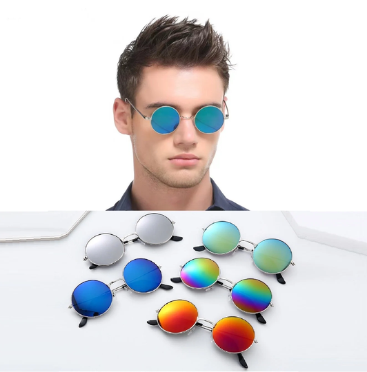 Mens Sunglasses Round Frame, John Lennon Style, Stylish, Sunglass Blue, Green Mirrored Lens