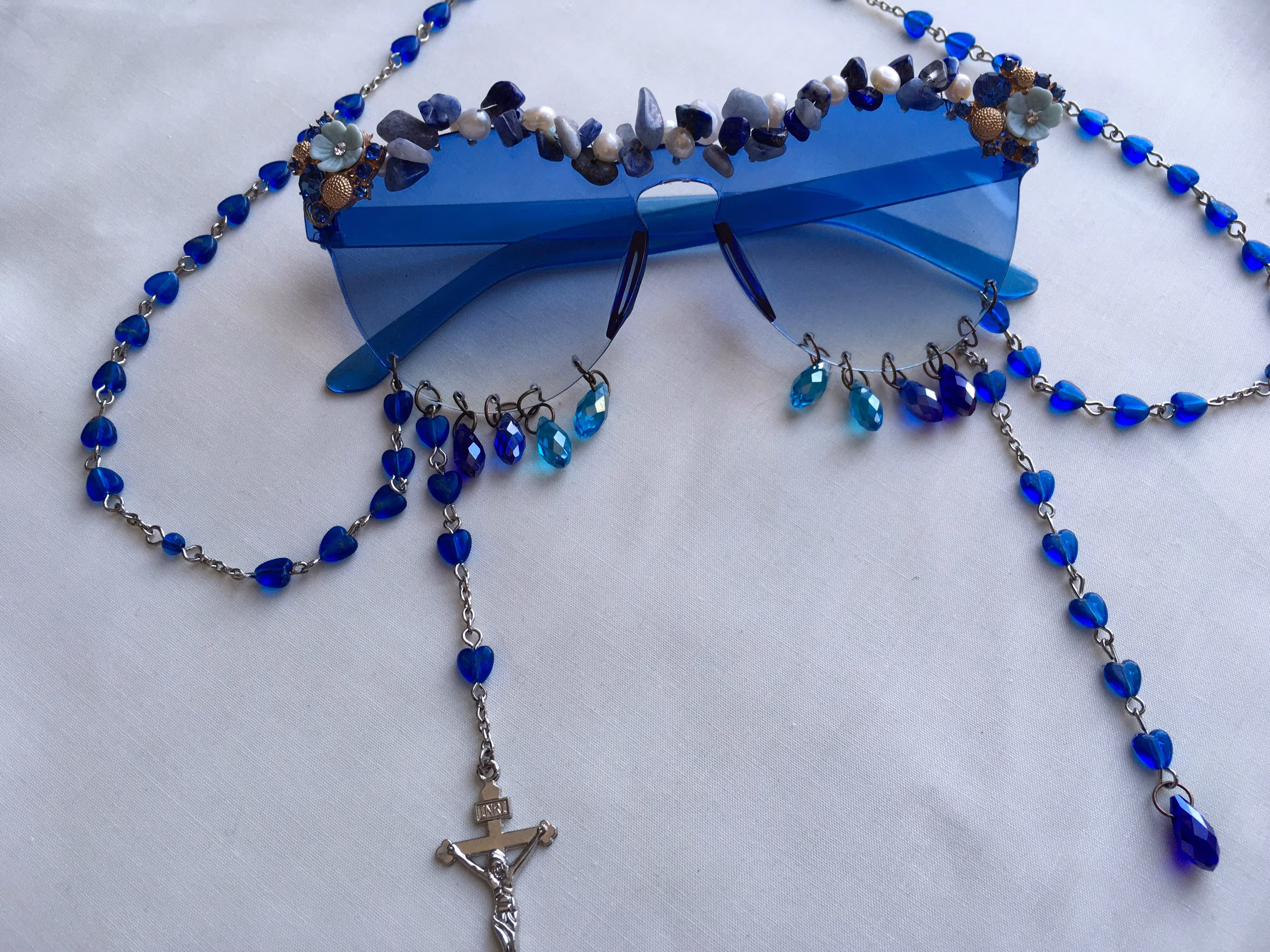 Blue Teardrop Crucifix Gemstone Sunglasses