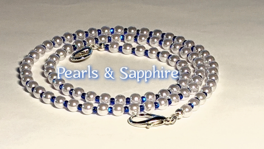 Face Mask Chain Holder Women /Eyeglasses Lanyard Pearls W Sapphire Silver Lined Precious Czech Beads Jewelry Gift