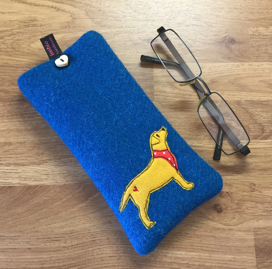 Yellow Labrador Glasses Case, Blue Harris Tweed Lover, Mum, Gift, Embroidered Labrador, Lab Mom