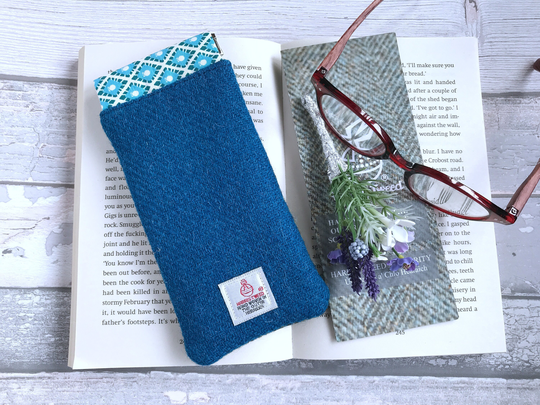 Harris Tweed Glasses Case, Petrol Blue & Saffron Yellow Check, Protection For Sunglasses