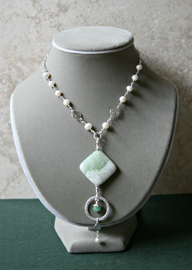 Soft Pastel Green Jasper, Freshwater Pearls & Silver Accents Eyeglass/Badge Holder Necklace