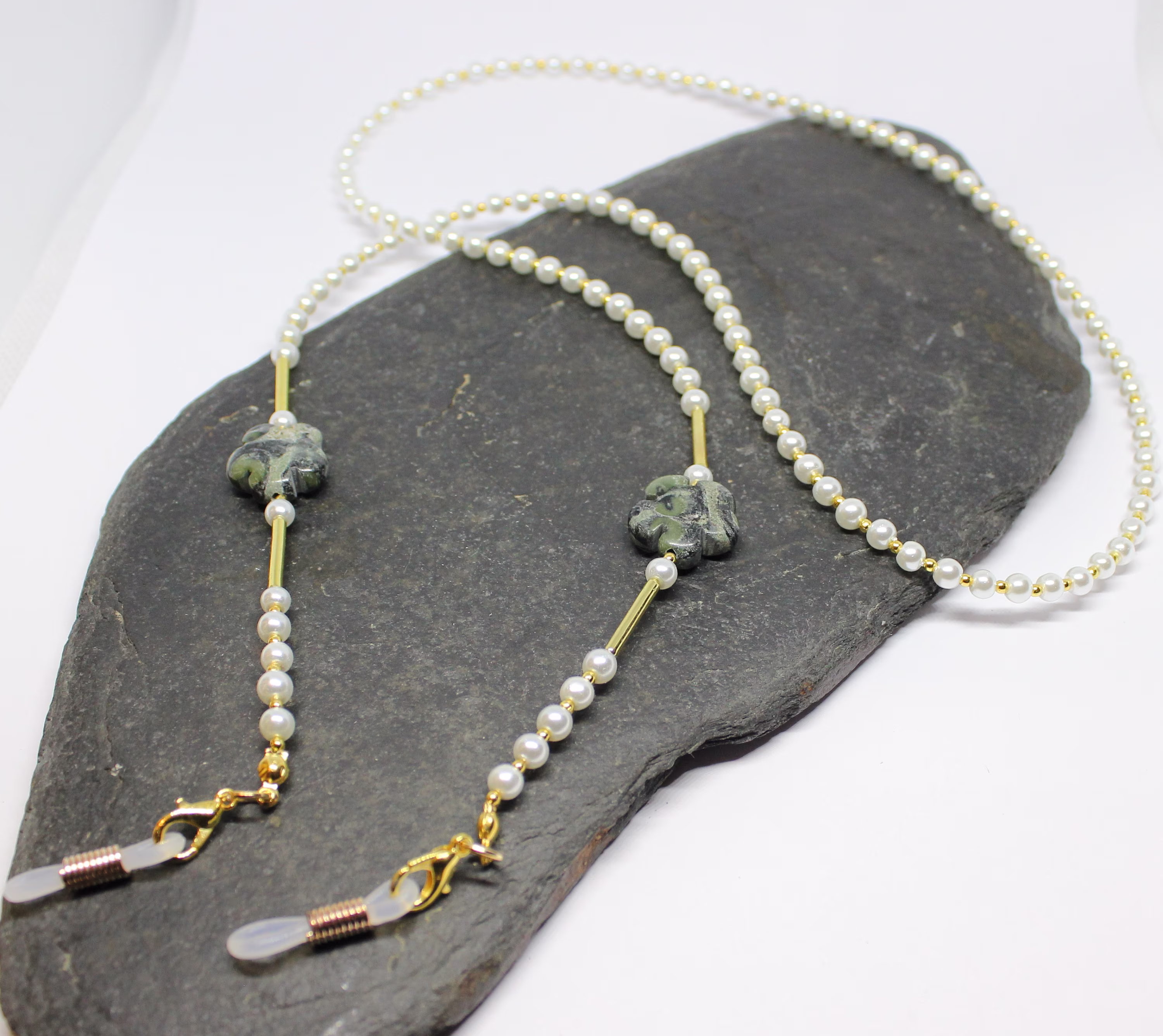 Glass Pearl Beads Kambaba Jasper Flower Glasses Chain, Flowers Sunglasses Chain With Pearls, Eyeglasses Pearls