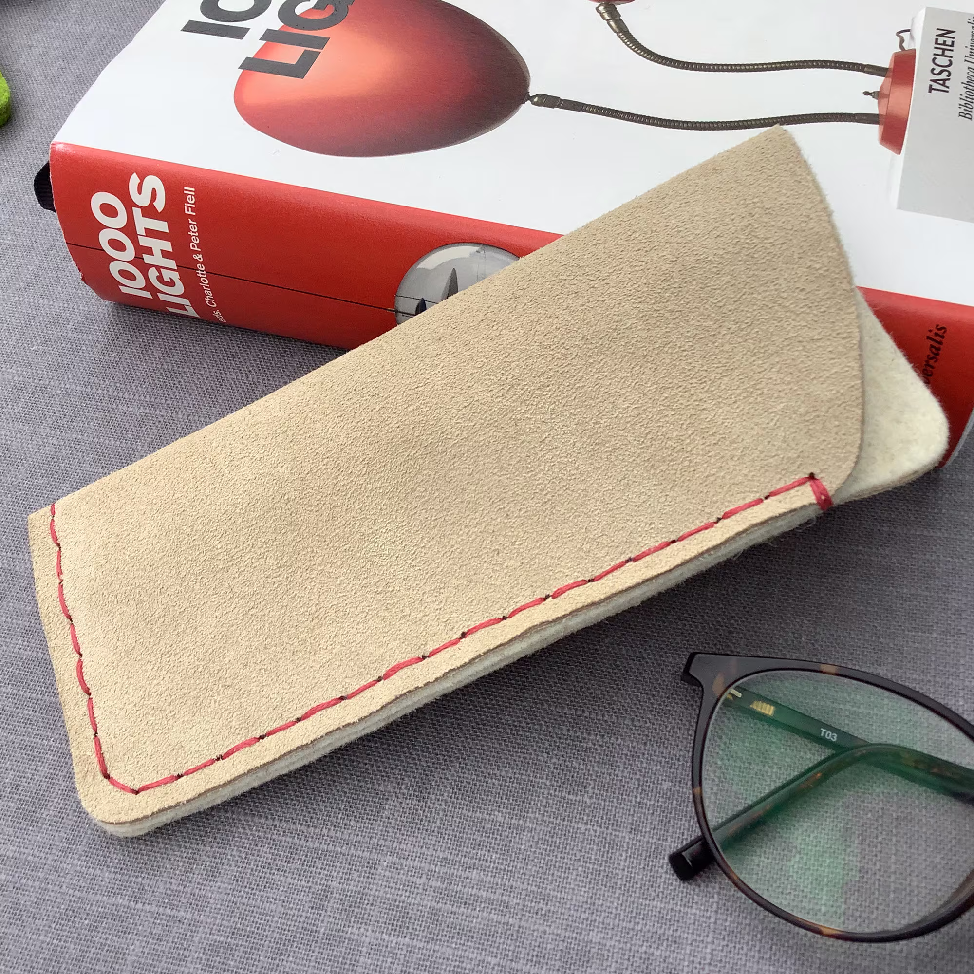 Natural Beige Suede Leather Glasses Case - Wool Felt Lined To Keep Your Spectacles Safe