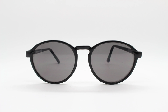 80S Vintage Round Sunglasses. Slim Black Gloss Minimal Frame With Matching Lenses. O Malley. Nos