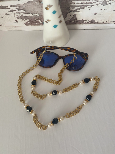 Vintage Eyeglass/Sunglass Gold Pearl Black Faceted Bead Chain Holder Lanyard Vintage Chain