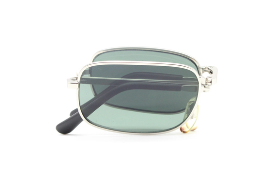 90S Vintage Folding Sunglasses. Minimalistic Rectangular Silver Satin Frame With Green Lenses. Bnwt. Foldable. 2000's. Y2K Nos