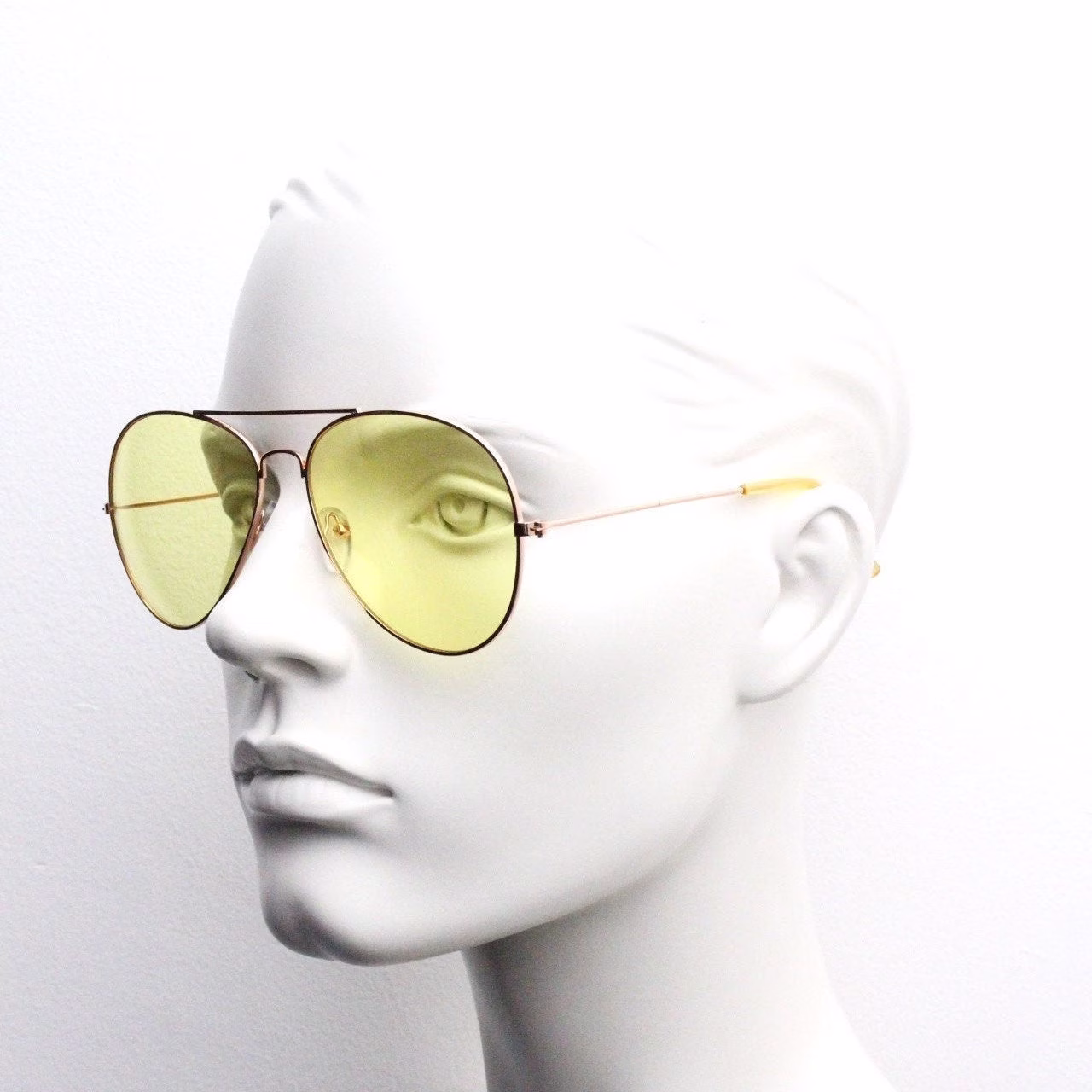 Yellow Vintage Aviator Sunglasses. Classic Gold Metal Teardrop Frame With Yellow Shooter Lenses. Mens 70S Style Pilot Aviators