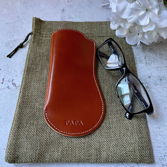 Personalised Leather Glasses Pouch, Customisable Genuine Sleeve, Reading Spectacles Camel Slip Case