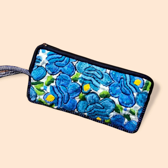 Eyeglasses Case Or Phone Holder, Embroidered Floral Wristlet Purse, Ethnic, Clutch, Blue Colour Boho Bag, Hippie Purse