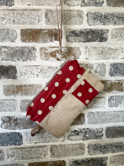 Naturel Linen Zippered Wristlet, Envelope Clutch Bag , Sustainable Bag, Vegan Keeper Pouch, Polka Dot Cosmetic Bag