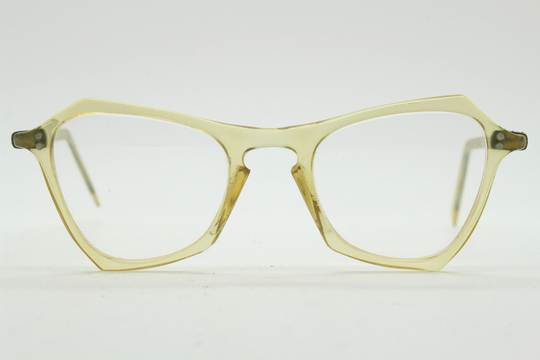 Vintage 40S Pale Yellow Crystal Glasses. Transparent Slim Abstract Angular Optical Frames. Prescription Eyeglasses. Lucite Rx Spectacles