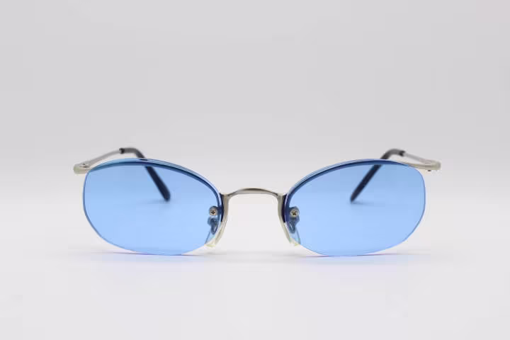 90S Vintage Cat Eye Sunglasses. Women's Oval Metal Browline Half Frame With Sky Blue Lenses. Bnwt. Unused 2000S Nos. Y2K