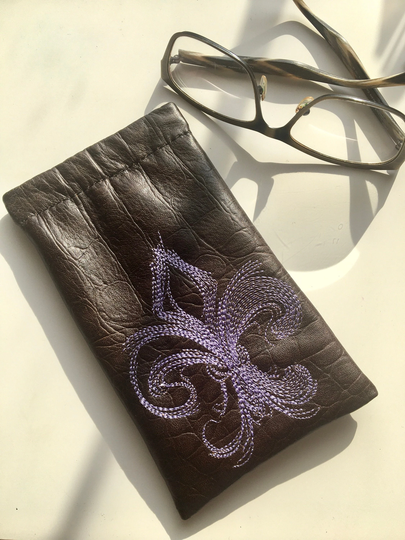 Brown Soft Embroidered Fleur-De-Lis Natural Leather Metal Internal Flex Frames Glasses Cases