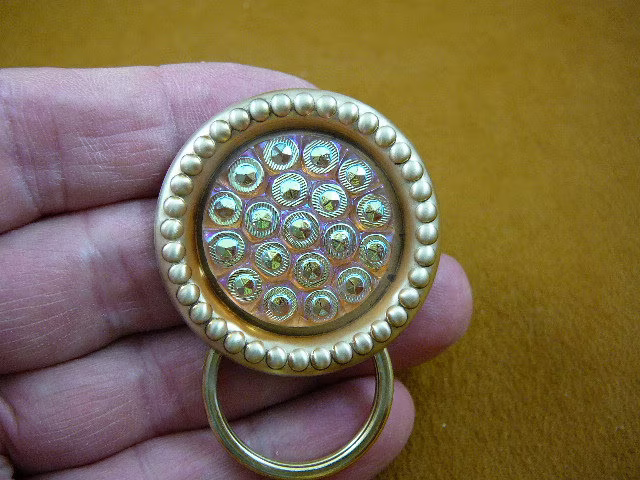 Iridescent Pink Green Polka Dot Dots Czech Glass Button On Circle Shaped Brass Eyeglass Pin Pendant ID Badge Holder E-422