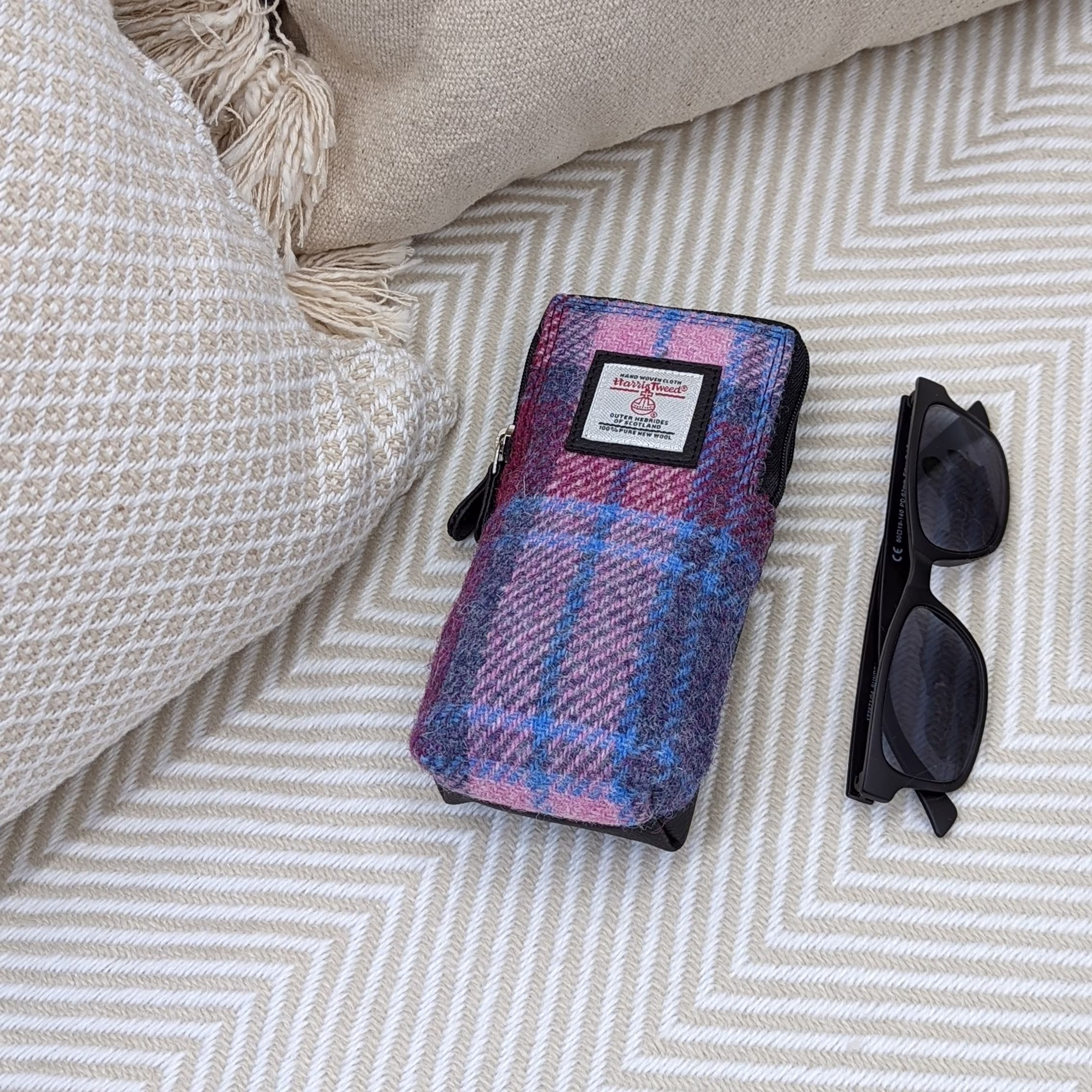 Harris Tweed Double Glasses Sleeve in Unique Pastel Pink Tweed. Small Scottish Accessory
