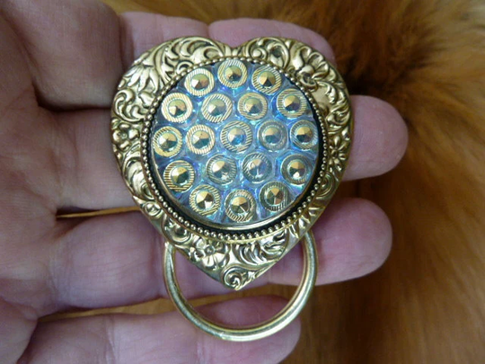 Textured Dot Dots Circle Green Blue 1940 Czech Glass Button On Heart Shaped Scrolled Brass Eyeglass Pin Pendant ID Badge Holder E-706