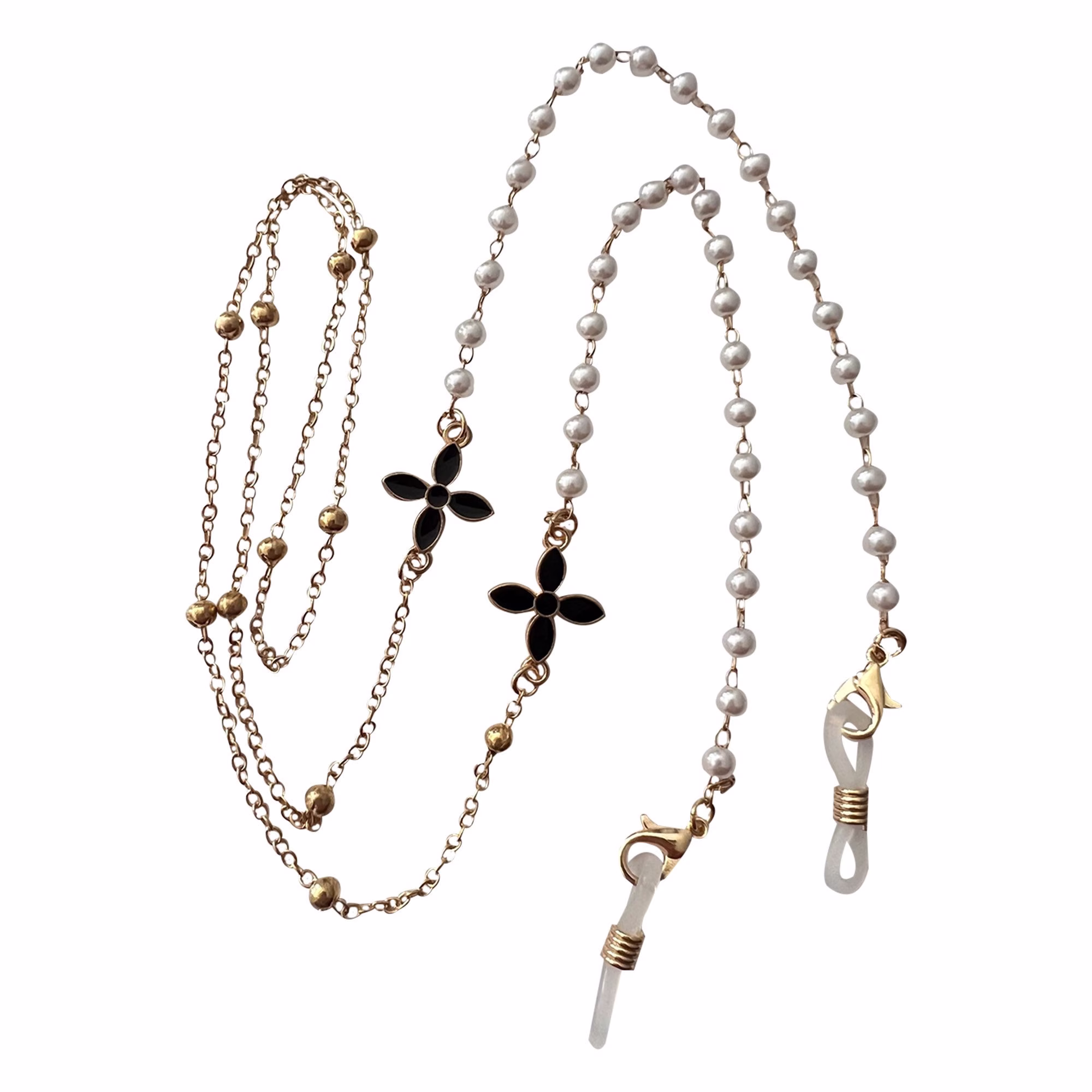 Black Flower & White Pearl Beaded, Gold Metal Glasses/Sunglasses Chain Holder