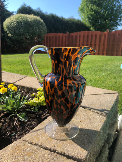 Handblown Animal Print Cased Tan Glass Pedestal Pitcher