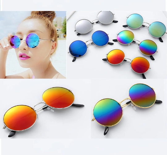 Womens Sunglasses Round Frame, John Lennon Style, Stylish, Sunglass Blue, Green Mirrored Lens, Mens
