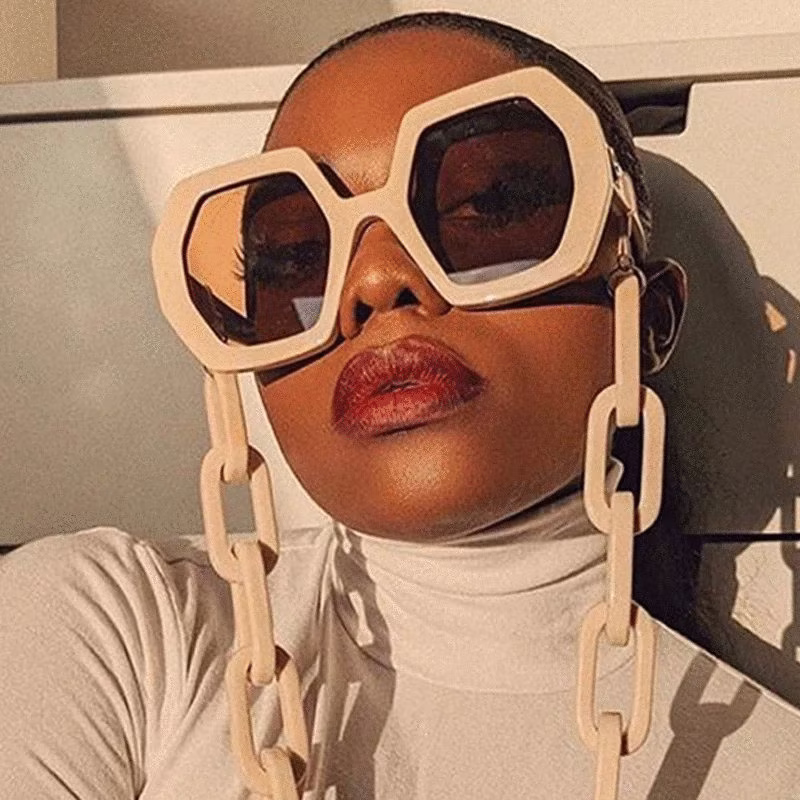 White Sunglasses Chain Necklace 2021 Luxury Polygon Square Oversize Sun Glasses Women Men Vintage Punk Eyewear Shades