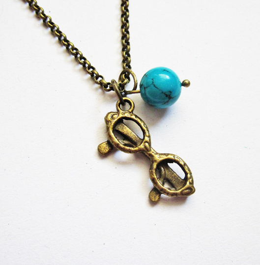 Eye Glasses Necklace, Sunglasses Quirky Geek Jewelry, Turquoise Brass Summer Beach