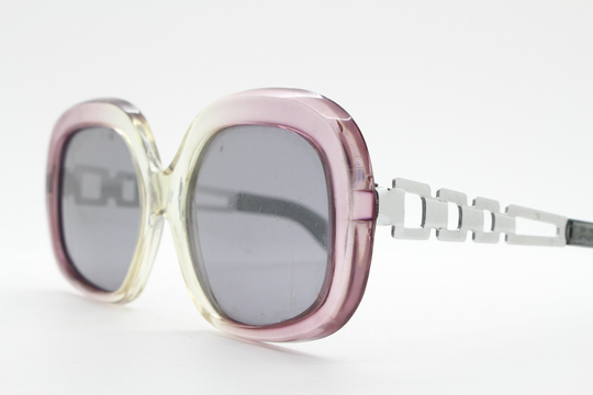 70S Vintage Show Stopping Square Sunglasses. Women's Definitive See Through Purple Frame With Cut Out Chain Link Arms. 60S