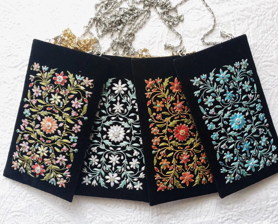 Hand Embroidered Phone Pouch With Chain, Small Colorful Floral Crossbody Bag, Black Velvet Eyeglasses Sunglasses Case Chain, Errand Purse