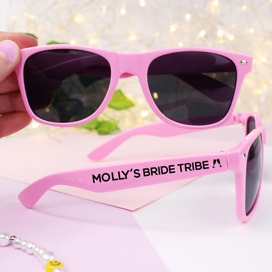 Pink Bride Tribe Sunglasses, Personalised With The To Be Name, Hen Party Favours For Do Abroad, Summer Beach Themed Wedding Uv400