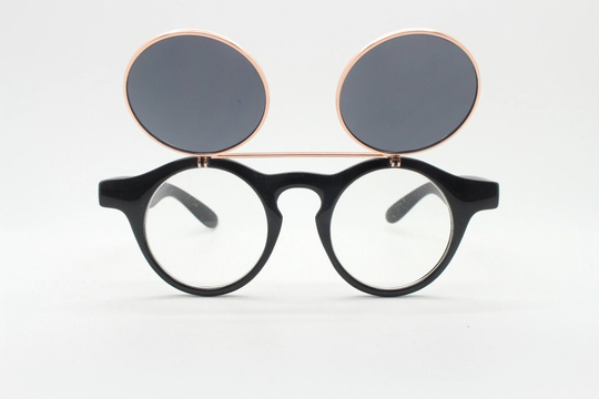 Vintage 90S Round Flipper Sunglasses. 30S Style Black Frame With Clear Lenses & Flip Up Sunglasses Visor. Bnwt Unused
