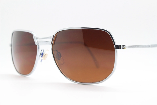 90S Vintage Mini Square Aviator Sunglasses. Crisp Chrome Angular Frame With Mirror Backed Brown Lenses. Mens Unused Nos