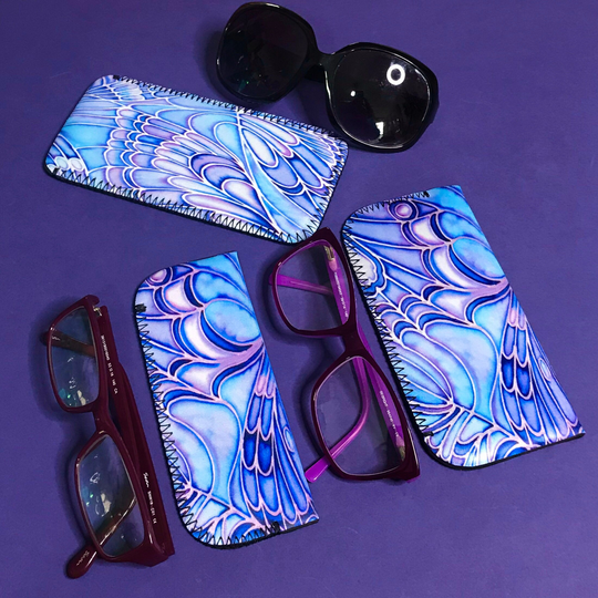 Butterfly Slip On Glasses Case - Blue Purple Lilac Washable Padded Fabric Soft Protective Pouch Handbag Reading Cover