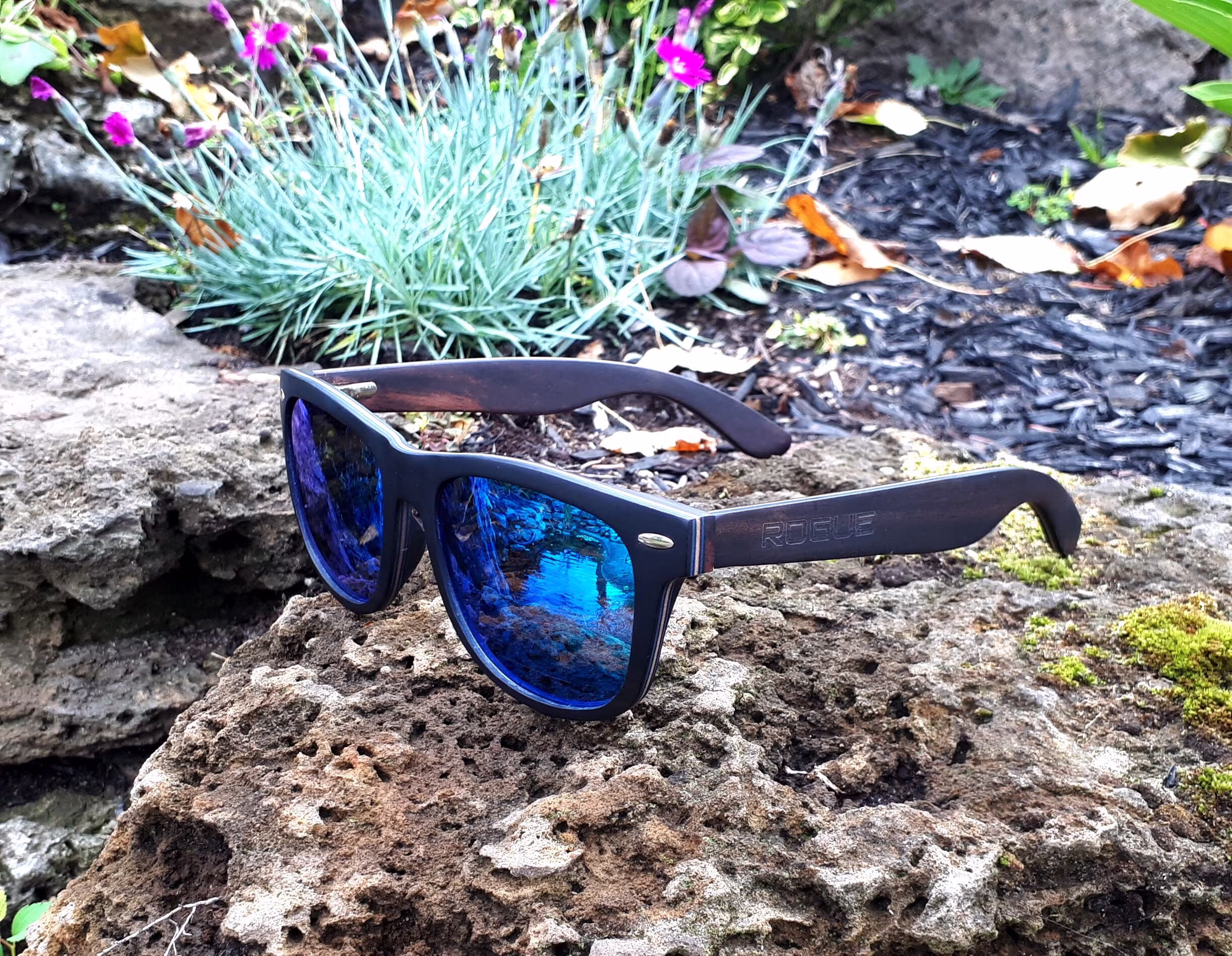 Wooden Wayfarer Style Sunglasses, Men Women Sunglasses, Engraved Blue Mirror Polarized Lenses, Eco Friendly Wood Sunglasses