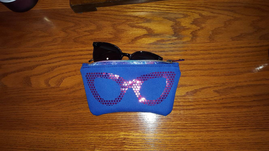 Large Glasses Case, Waterproof Canvas, Sunglasses Phone Pouch, Rainbow Zipper, Blue Fabric