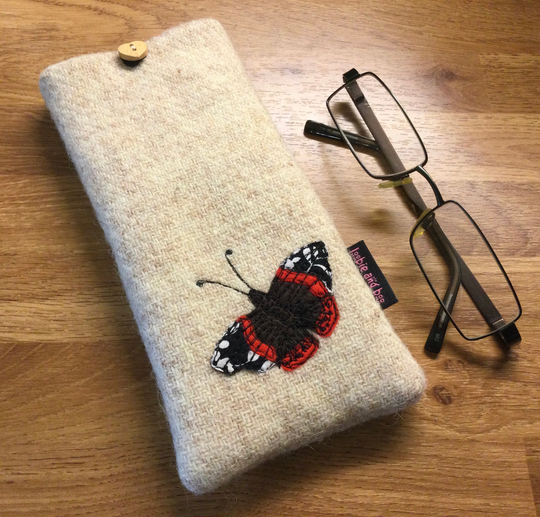 Red Admiral Butterfly Glasses Case, Specs Oatmeal Harris Tweed, Tweed Nature Lover, Mother's Day Gift
