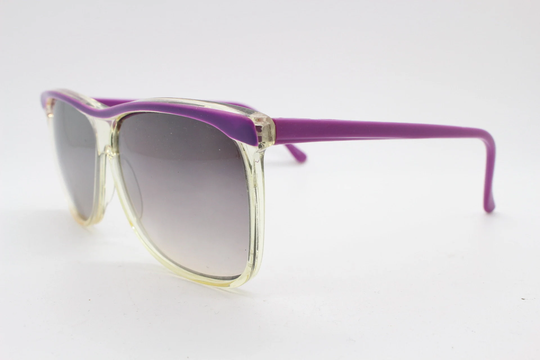 80S Vintage Square Sunglasses. Modified Women's Wayfarer in Transparent Frame With Pink Arms & Purple Brow Mirror Lenses. Unused Nos