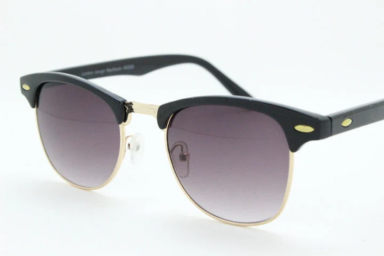90S Vintage Clubmaster Style Sunglasses. Black 50S, 60S Gloss Finish Browline With Gold Half Frame. Unused Nos