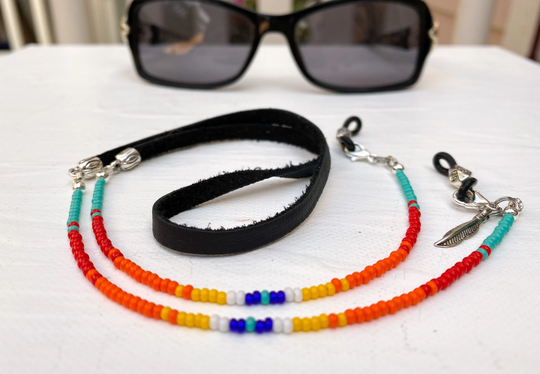 Turquoise White Orange Red & Yellow Beaded Eyeglass Chain With Black Leather. Minimal Western Leather Sunglasses Holder. Leash For Shades