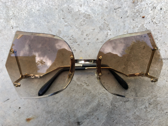70S 80S New Nos Vintage Sunglasses Rimless Brown Gradient Lens Gold Tone Metal Butterfly Big Oversized Drop Arm Deadstock Boho Disco Taiwan