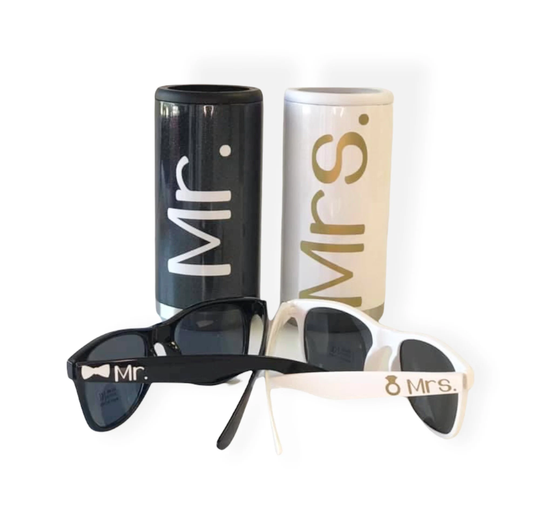 Bride & Groom Sunglasses Can Cooler Set, Beach Wedding Gift, Engagement Photo Prop, Honeymoon Mr Mrs Bridal Shower Gifts