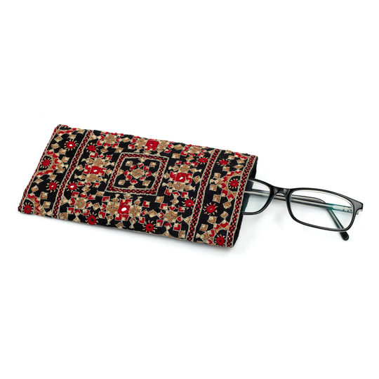 Glasses Case - Red & Beige Embroidery On Black