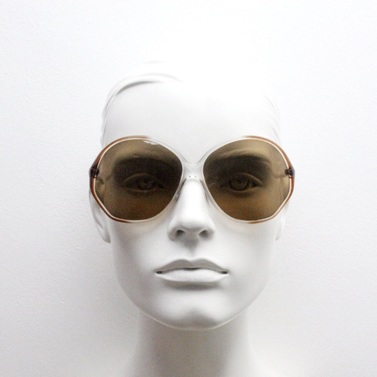 70S Vintage Oversized Sunglasses Made in Austria. Transparent Brown To Clear Fade Ombre Frame With Light Tone Lenses. 60S Mod