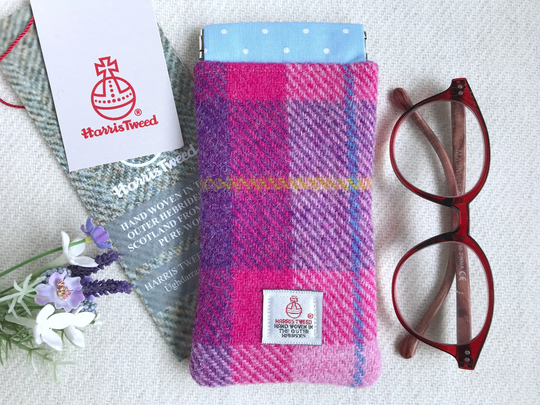 Handmade Harris Tweed Glasses Case, in Pink & Purple Plaid With Flex Closure, Gift For Her